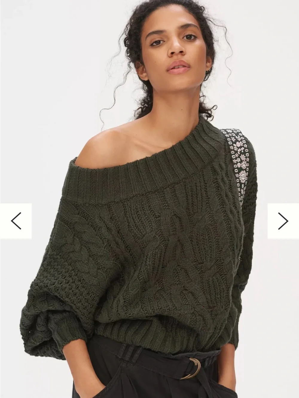 Anthropologie Melissa Off-the-Shoulder Cable Knit Sweater in Dark Olive size S